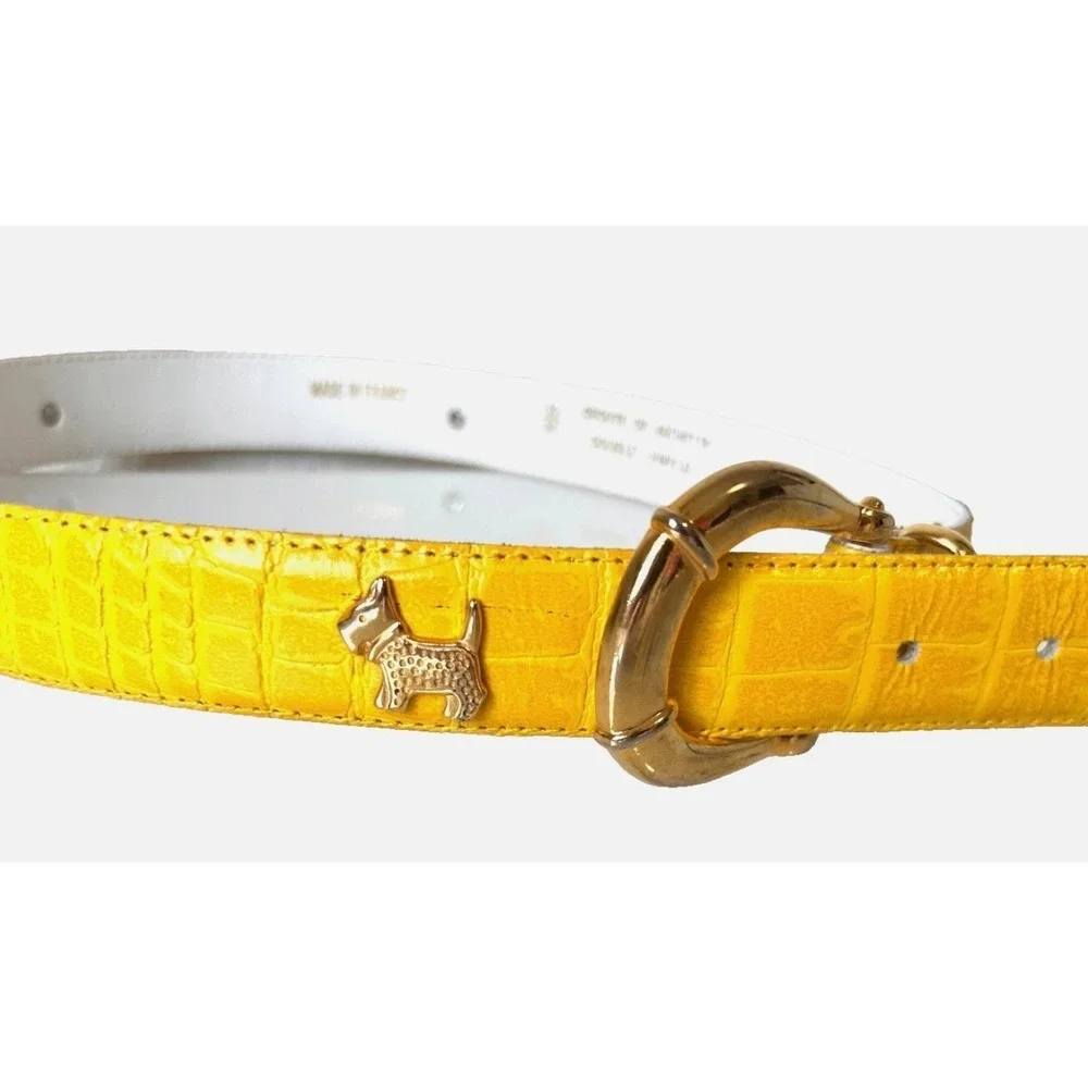 Vintage French Yellow Croc Embossed Leather Belt Scottie Dog Gold Buckle Small